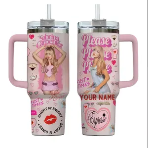 Pink Pop Princess 20oz 40oz Tumbler, Espresso Coffee Aesthetic Travel Mug, Short & Sweet Fan Art Water Bottle, Girly Pink Heart Insulated Cup with Handle