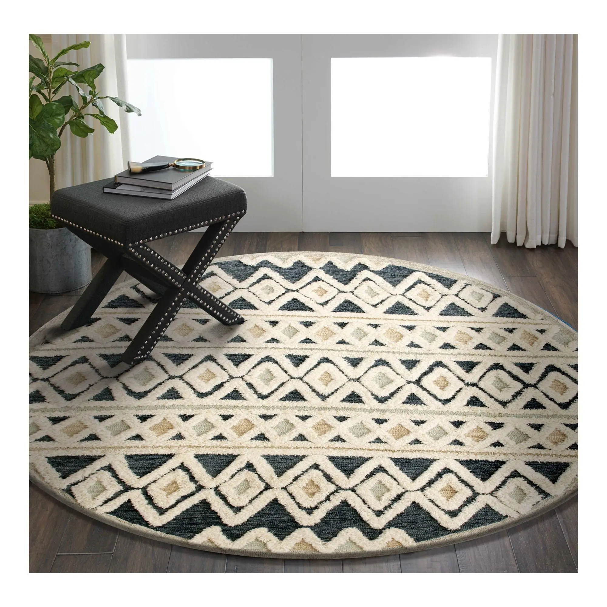 Ox Bay Shag Geometric Hand-Tufted  Wool IndoorRug, 4' Round