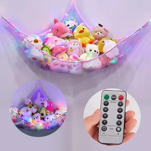Stuffed Animals Net or Hammock with LED Light Hanging Toy Net Hammock for Stuffed Animals Storage Stuff Animals Hammocks for Nursery Kids Room with Remote Control, 8 Kinds of Lights