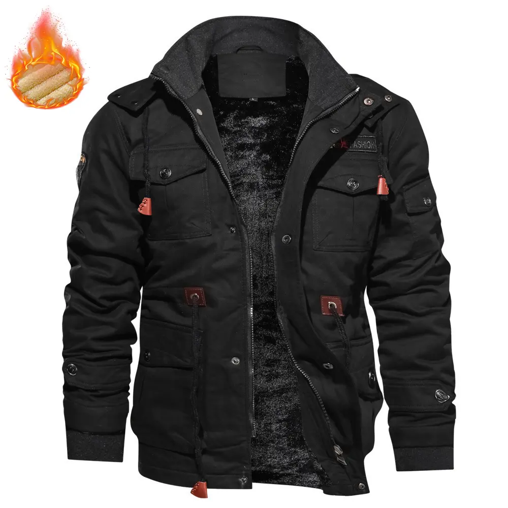 Men's Winter Jacket Cotton Military Jackets Fleece Lined Thick Work Warm Cargo Coats with Hooded The Hat Is Detachable.