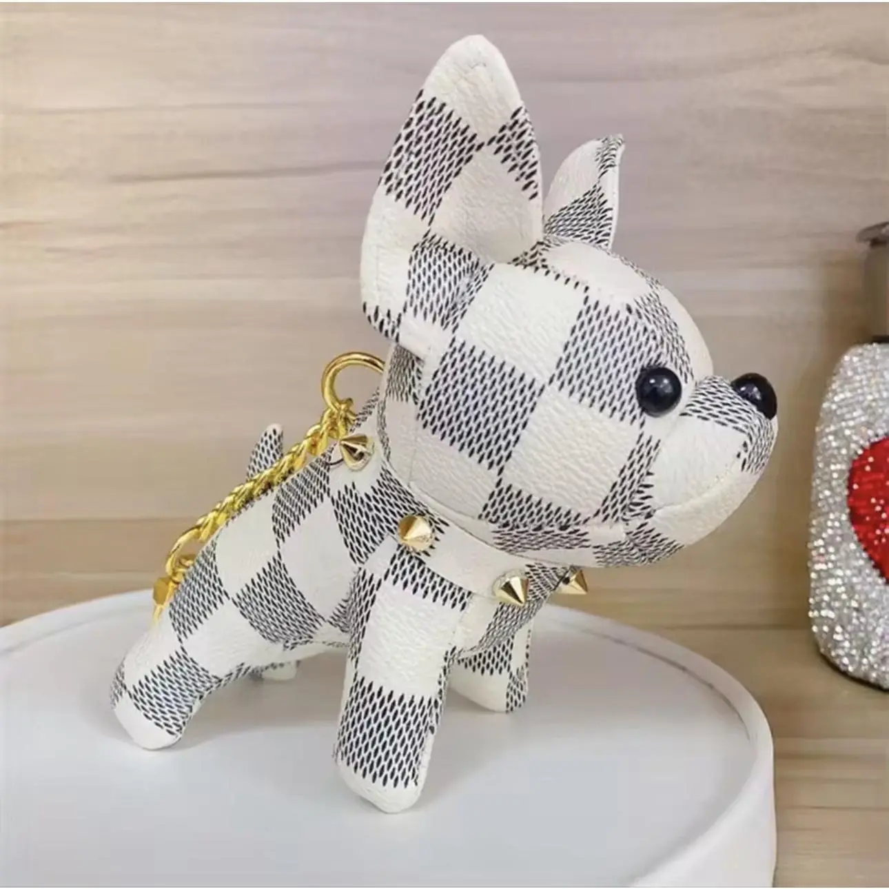 Trendy French Bulldog Leather Pendant Keychain Cotton Plush Dog Bag Charm Buckle Chain for Backpack Handbag Plush Keychains Toys