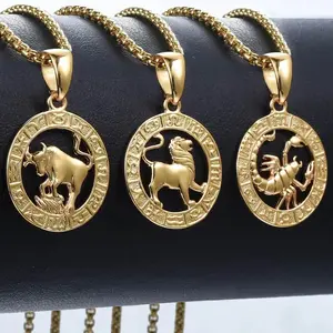 14K Gold Plated Zodiac Necklace for Men Women Stainless Steel 12 Constellation Pendant Charm 16-22 inch Box Chain Fashion Jewelry Gift