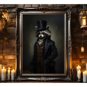 Mr. Raccoon Dressing Poster, Animal-Themed Apparel, Whimsical Animal Art, Animal Portraits, Raccoon-Themed Prints, Victorian-Style Raccoon, Animal Wall Decor, Gifts for Raccoon Lovers