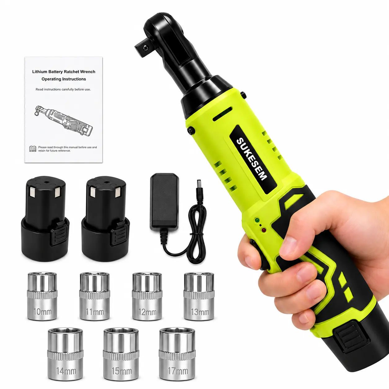 SUKESEM 12V Cordless Ratchet Wrench Kit - 12V High Torque Cordless Power Tool, 12mm Socket, 7 Sockets, 1-Battery Rechargeable Set, Lug Nut Remover, Tools and Gadgets for Mechanics, DIY Users