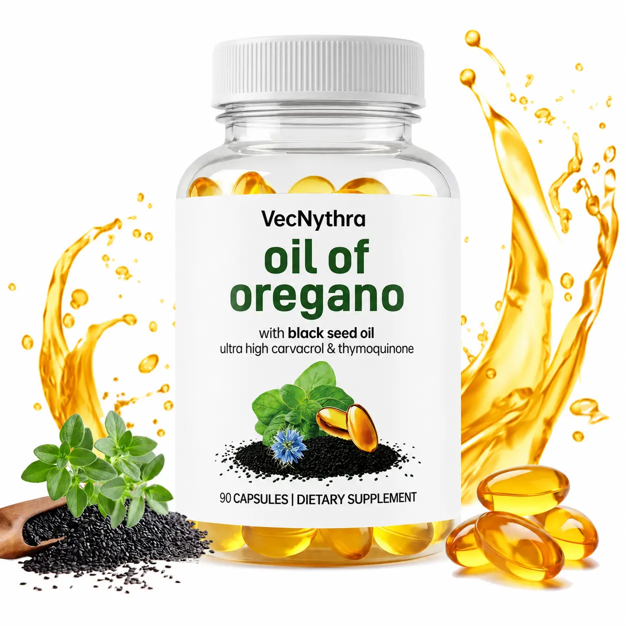 VecNythra Oregano Oil with Black Seed Oil Softgels | Immune Support, Antioxidant, Retains High Concentrated Carvacrol & Thymoquinone, 90 Softgels