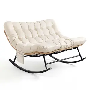 Heavy Duty Rocking Chair 450 Lbs Capacity Waterproof Fabric Indoor Outdoor Rocker with Thick Cushion Metal Frame for Patio Garden Living Room Double Seating Lounge Chair Modern Furniture