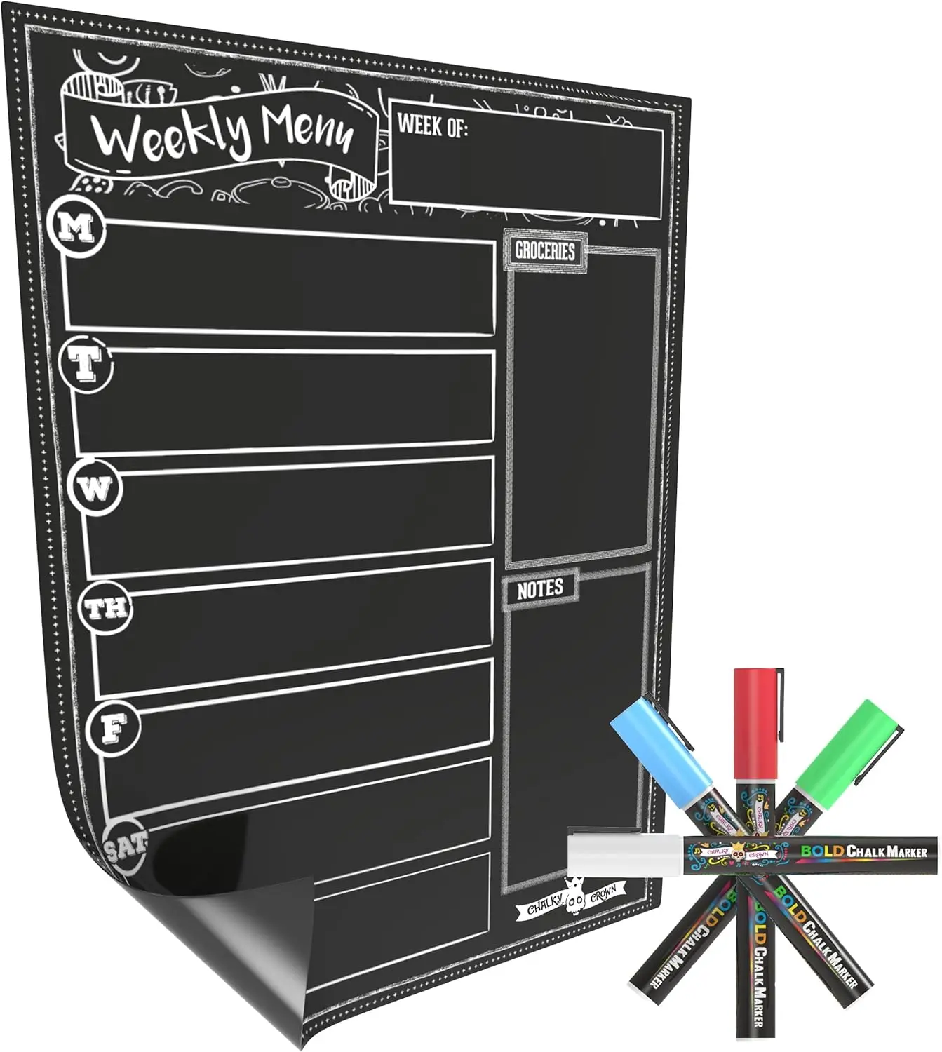 Chalky Crown Magnetic Dry Erase Menu Board for Fridge with 4 Liquid Chalk Markers - Weekly Meal Planner Blackboard Grocery List Notepad for Kitchen Refrigerator Durable Easy to Clean Bright Colors