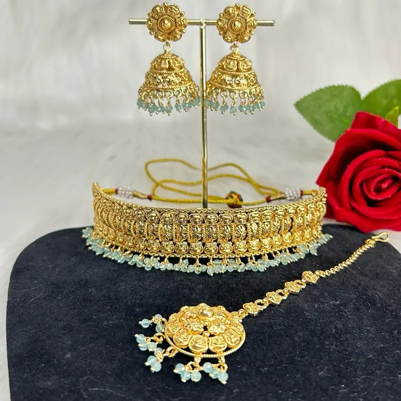 Desi Bollywood Gold Plated Choker Necklace with Jhumka and Tikka Set