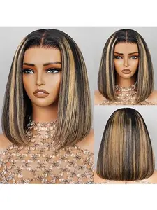 Megalook Glueless Bob Wig Short Bob Straight 6x5 Lace Front Human Hair Balayage Highlight Pre-Cut HD Lace Hair With Natural Hairline Bleached Knots Wig