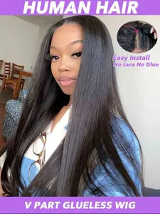 V Part Wig Human Hair, Straight Human Hair Wigs, Upgrade U Part Human Hair Wig for Women, Medium Length, No Sew In, Natural Color Christmas Party, Glueless Frontal Wig, Glueless Hd Wigs