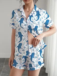 Women's Sleepwear Set, Ocean Plant Shark Print, Short Sleeve Button-Up Soft Top and Elastic Shorts, Casual Home Wear