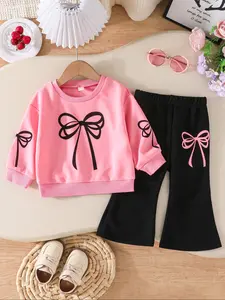 Girls' Long Sleeve Two-Piece Set, Bow Print Sweatshirt & Bell Bottom Pants, Preppy Style, Spring & Fall Casual Wear