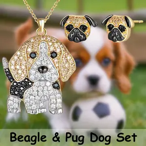 3 Pcs/Set Lovely Shiny Golden Basset Hound / Pug Dog Alloy Jewelry Gift Set: Cute Puppy Pendant Necklace & Stud Earrings - Perfect Birthday, Christmas, Anniversary Present For Women, Girls, Family, Friends, Dog Lovers