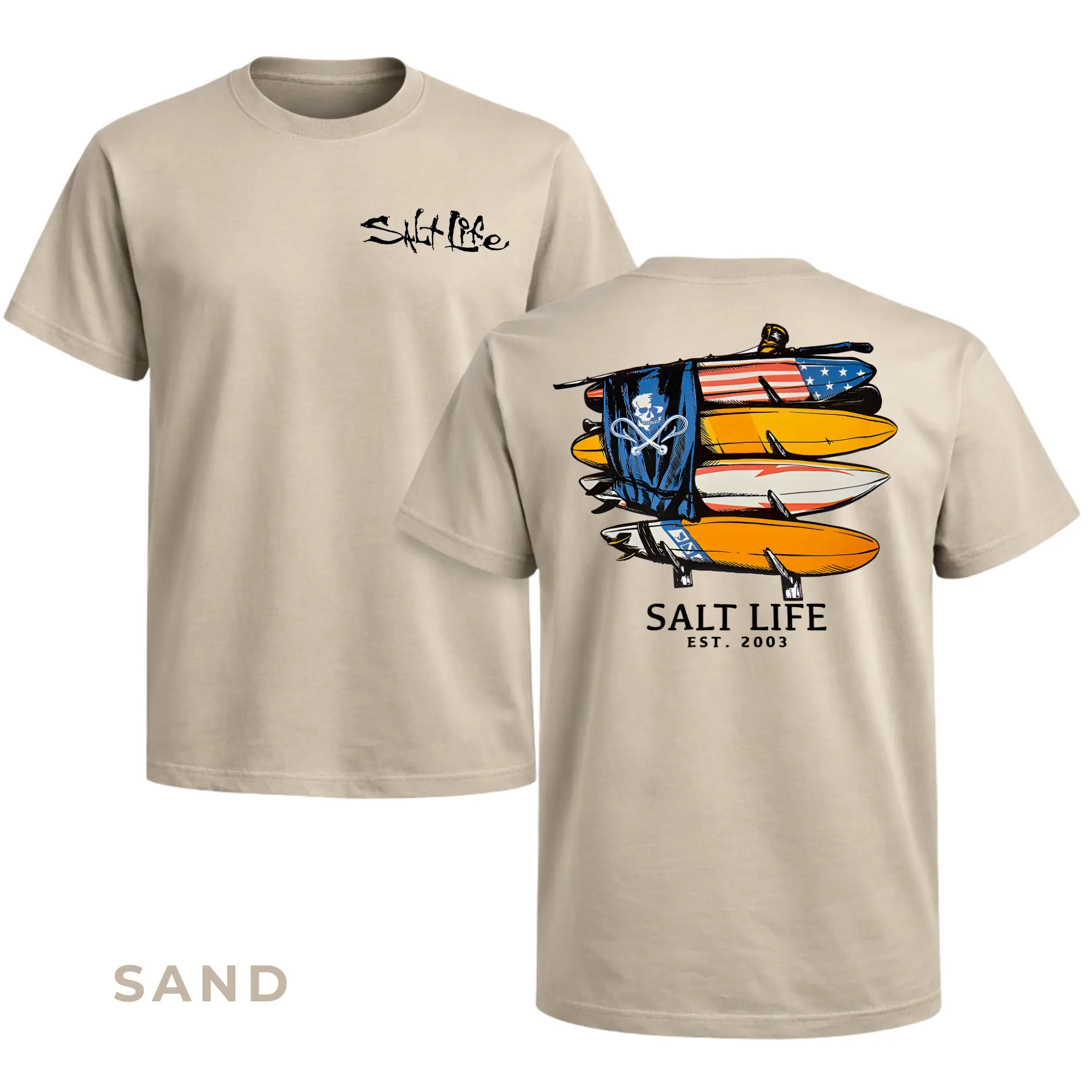 Salt Life Surfboards T-Shirt 2 Sided – American Flag Boards & Skull, Beach Adventure Style, Ideal Gift for Anglers, Hunter