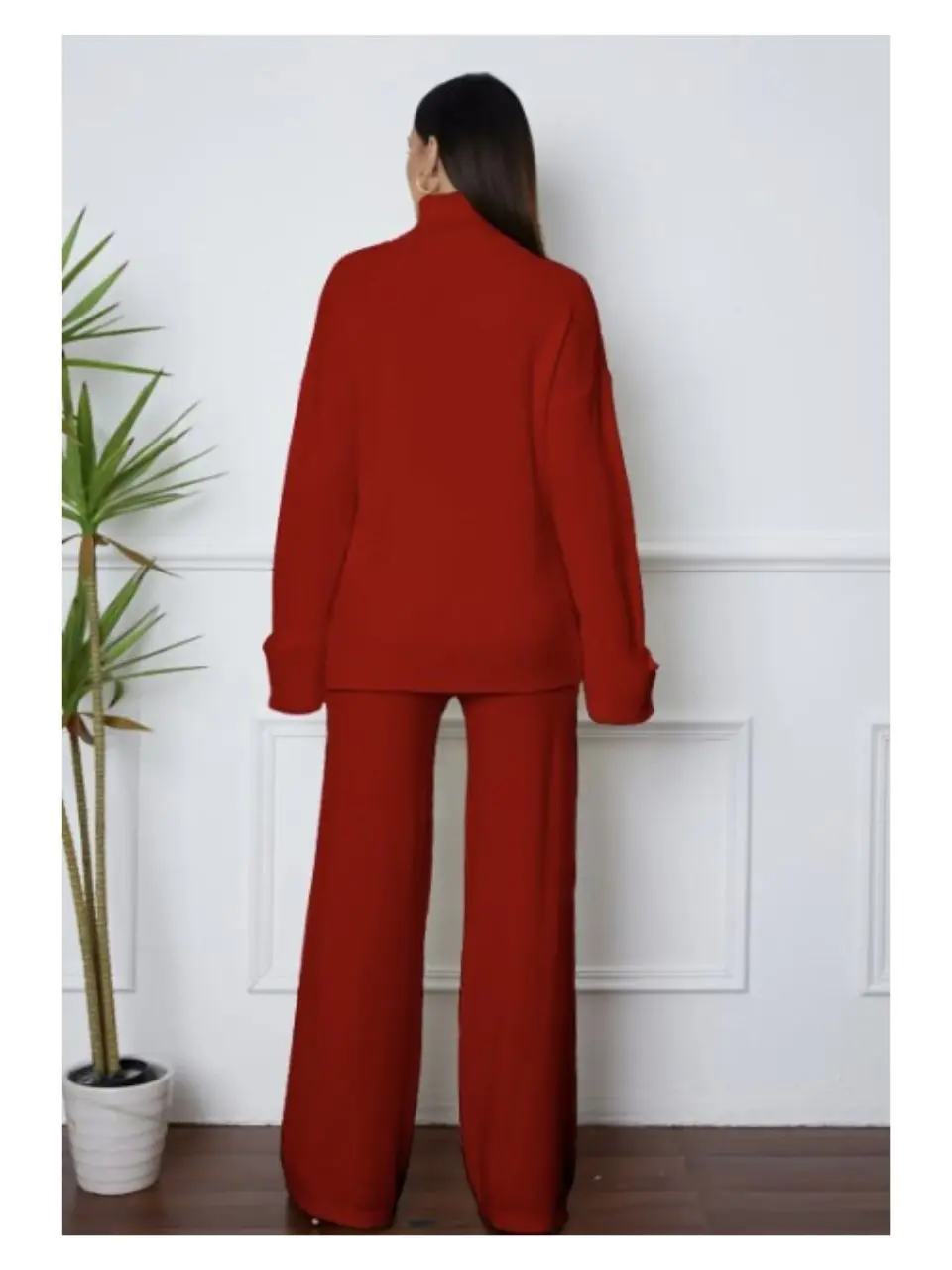 Turtleneck Dropped Shoulder Top and Pants Sweater Set