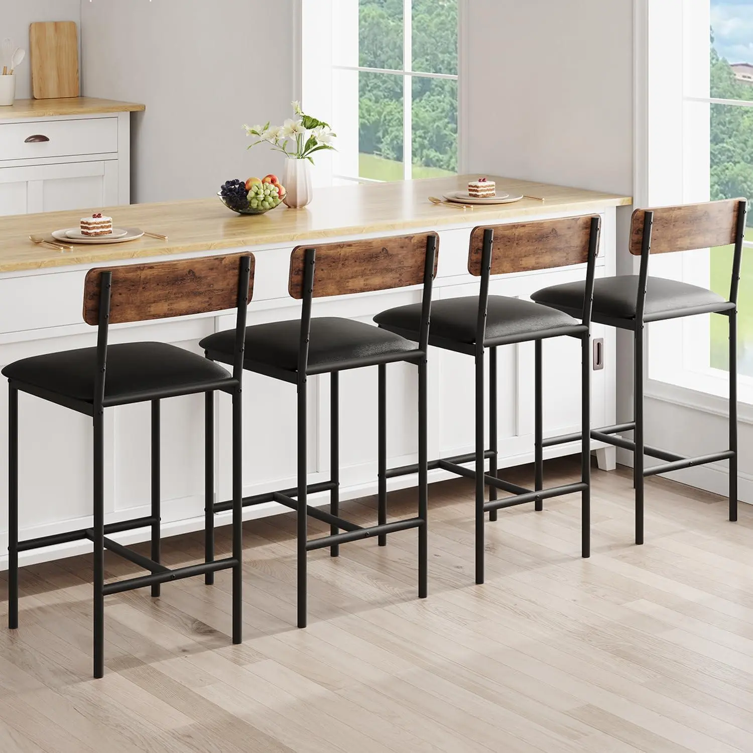 Bar Stools Set of 4 - Kitchen Bar Stools with Footrest - PU Upholstered Counter Height Barstools - Bar Chairs with Back for Kitchen Island/Apartment/Counter Bar - Easy Assembly - Brown,summerwins