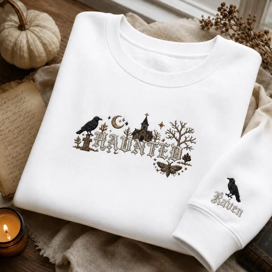 Gothic Crow Halloween Embroidered Sweatshirt, Black Bird Shirt, Spooky Gift Crewneck, Halloween Gift, Custom Name Sleeve