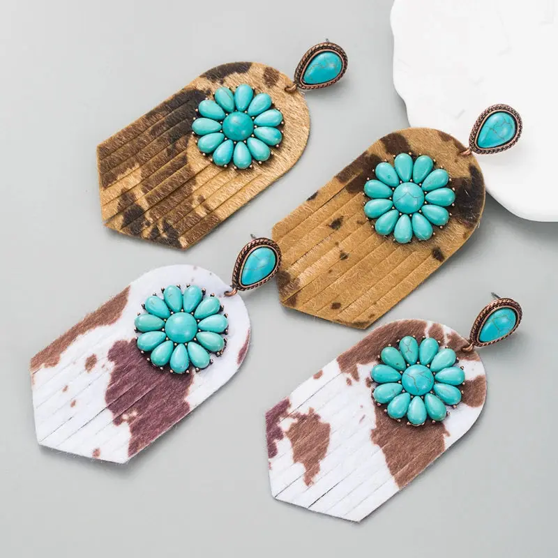 Cowhide Leather Turquoise Earrings