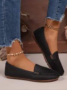 Women's Square Toe Loafers Slip-On Ballet Flats, Comfortable PU Leather Work Shoes, Commuter Shoes, Fashion Office Footwear, All Seasons