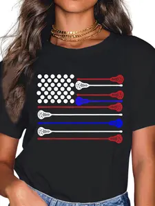 100% Cotton Unisex American Flag 4th July Patriotic Lacrosse Boy Men Women T-Shirt
