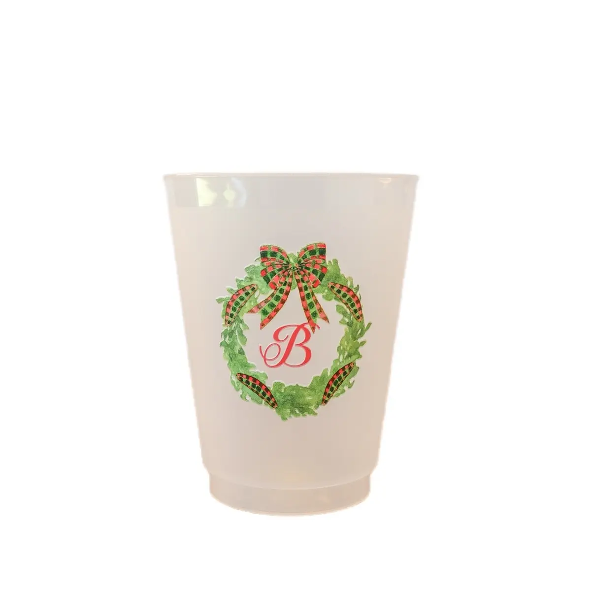 Hello Gifts Designs Monogram Cup Collection for Christmas and holiday parties. frosted cups with classic designs and monogram initials. Set of 5 Drinkware Traditional Reusable disposable tableware
