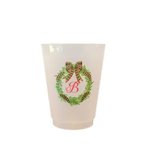Hello Gifts Designs Monogram Cup Collection for Christmas and holiday parties. frosted cups with classic designs and monogram initials. Set of 5 Drinkware Traditional Reusable disposable tableware