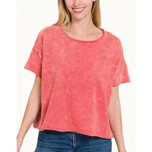 Zenana Acid Wash Raw Edge Short Sleeve Crop Top