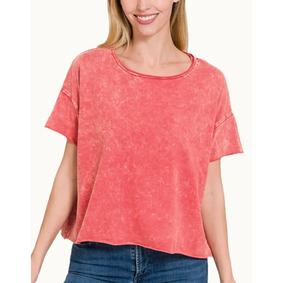 Zenana Acid Wash Raw Edge Short Sleeve Crop Top