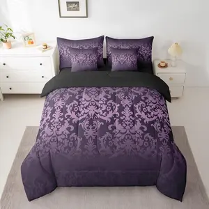 Adults Purple Damask 7 Piece Bed in A Bag,Antique Victorian Baroque Comforter Set,Gothic Vintage Floral Bedding Set,Reversible Black Bed Set