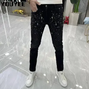 Men Jeans NEW Black Hot Drill Rhinestones Rivet Destroyed Ripped Skinny Leggings Stretch Denim Streetwear Male Pants