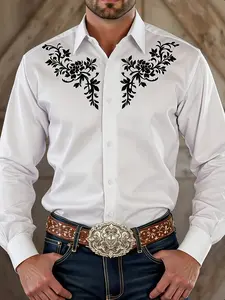 Men's Western Denim Shirt, Botanical Print Casual Long Sleeve, Fitted Style for Spring & Fall, Comfortable Daily Wear