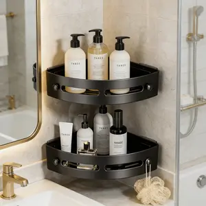 2Pcs No Drilling Adhesive Bathroom Corner Shelf, Wall Mount Triangle Storage Rack, Waterproof Plastic Shower Caddy for Shampoo Toiletry Organizer Home Washroom Use