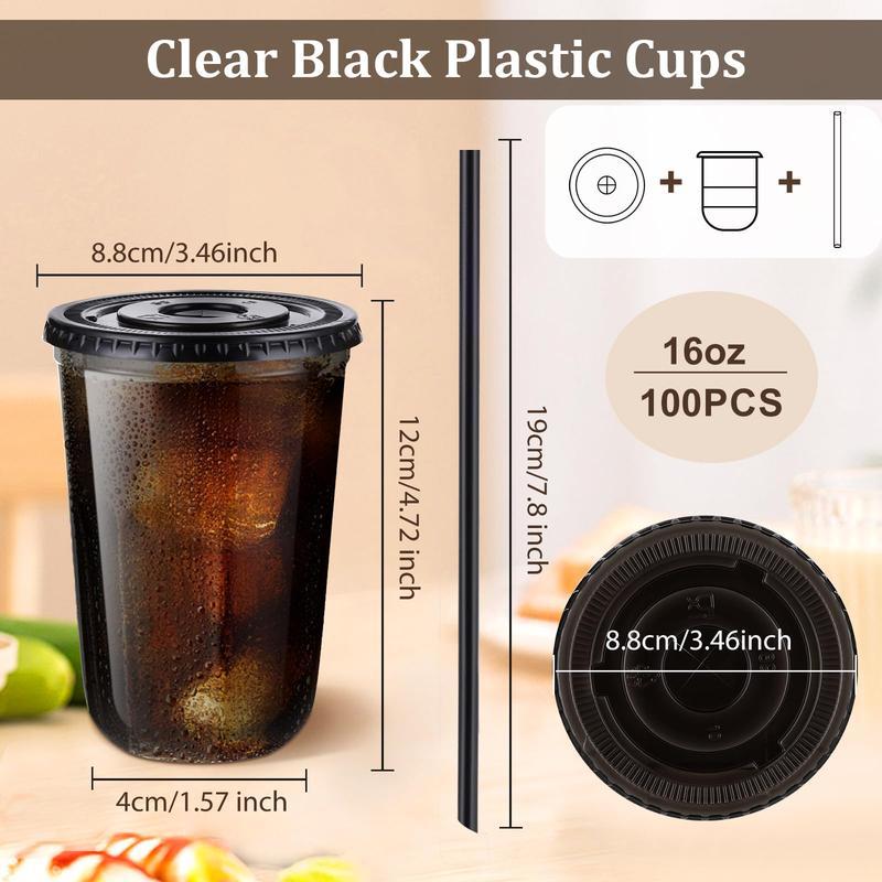 100 Set 16oz（500ml） Black Clear Plastic Cups with Lids & Straws for Iced Coffee Slushie Smoothie Lemonade Party Coffee Shop Supplies Round Bottom To-Go Cups for Cold Drinks