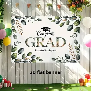 2D Flat 1PC Polyester Eucalyptus Congrats Grad Backdrop Banner, Minimal Green Leaf Graduation Cap Photography Background, Indoor Outdoor Use, Ideal For Simple Graduation Ceremony, Grad Party Celebration, Adventure Begins Theme, Dessert Table Decor