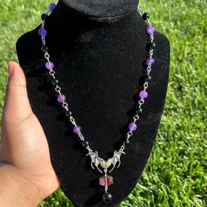 Black and Purple Gothic Beaded Necklace with Silver Bat and Gem Accent