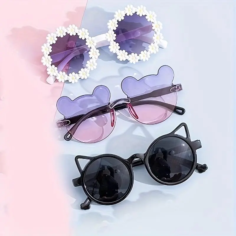 Unisex 3-Piece Cat-Eye Sunglasses Set - Flower & Bear-Ear Designs, UV400 UV-Blocking Sun Protective Sunglasses, Trendy Styling Casual Youthful Beach Eyewear, Comfortable Fashion Accessories for Gifts, Trendy Styling Sunglasses