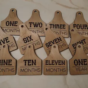 Cow Tag Baby Monthly Milestone Markers with Personalization, Engraved Wood Monthly Markers, Baby Photo Props, Newborn and Birth Announcement