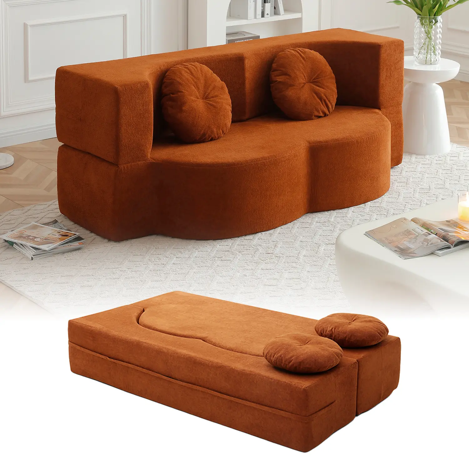 Eyisean 76" Convertible Folding Sofa Bed, Twin Sleeper Sofa with 2 Pillows, Modern Linen Fabric & Foam, Floor & Futon Loveseat Couch, Fluffy Folding Mattress Sleeper for Living Room, Guest Use, Office, Apartment, Small Space