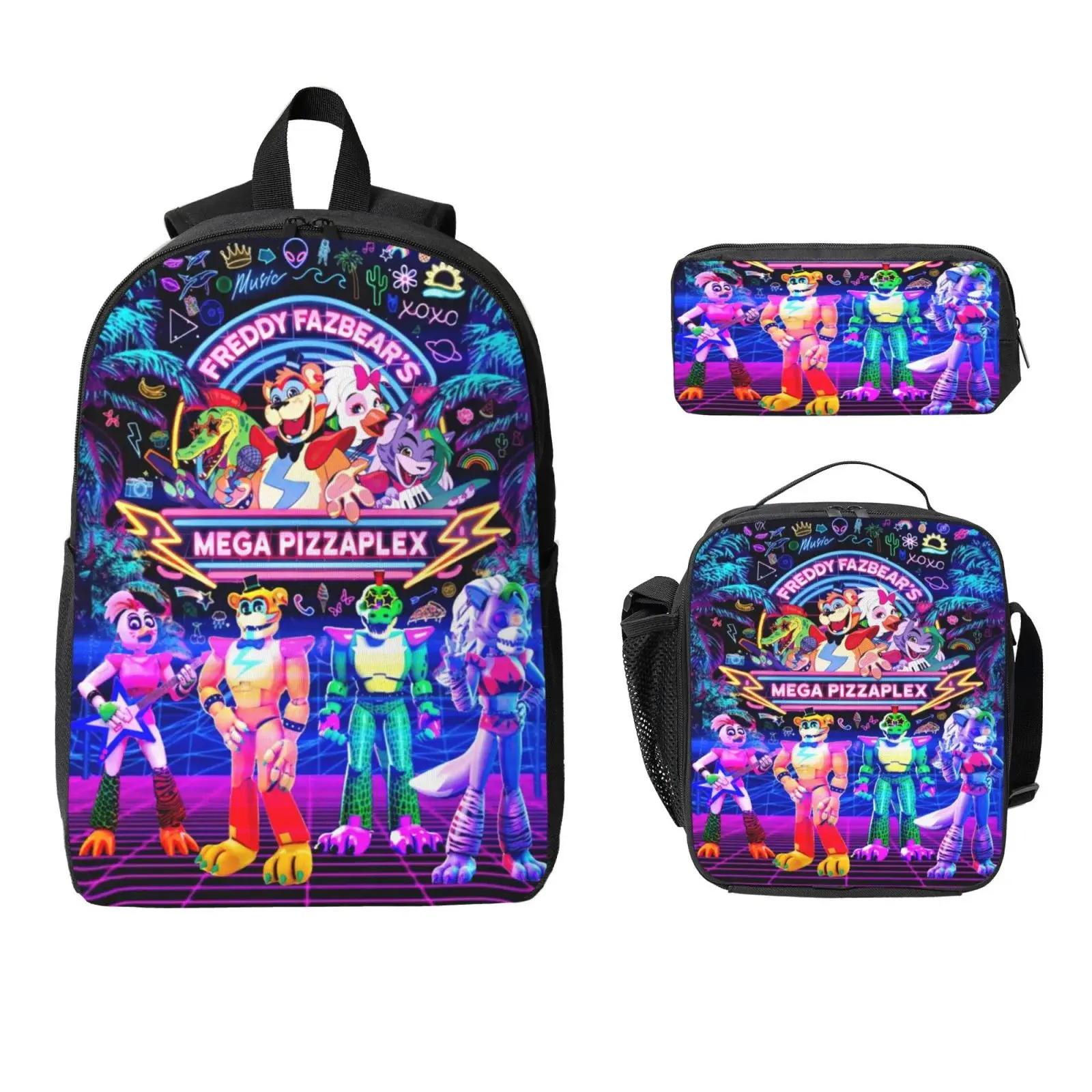 3pcs Teenager Anime Cartoon Five Nights At Freddy'S 17inch Daypack With Lunch Box And Pencil Case, Casual Large Capacity College Laptop Bag Schoolbag Travel Gifts