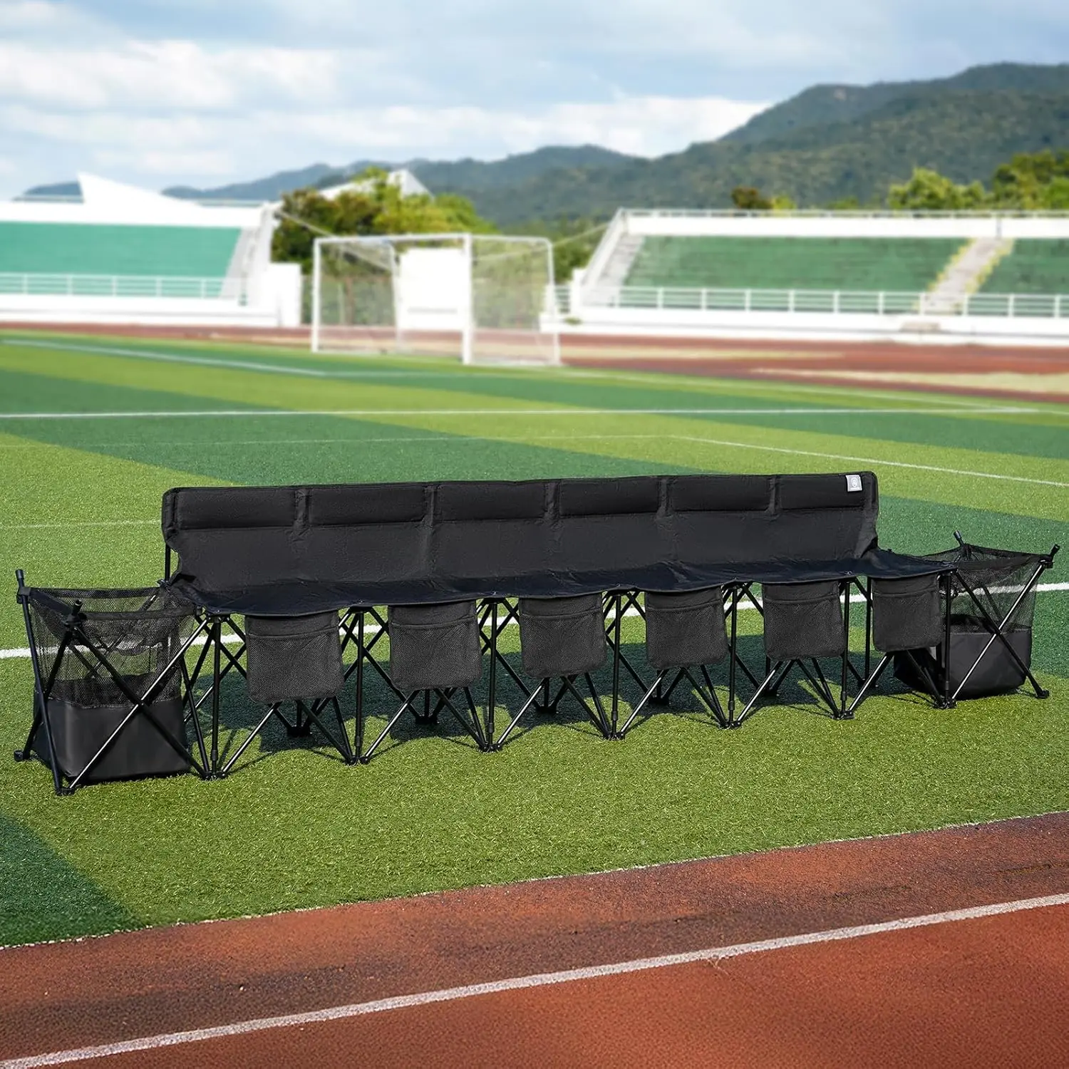 [Summervibes] 6 Seats Folding Soccer Team Bench with Carry Bag, Portable Soccer Sideline Chairs with Side Storage Basket, Sports Football Seating for Camping & Outdoor Games Events