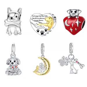 925 Silver-plated Dog Charms, Cute Memorial Puppy&Paw Print Beads for Necklace Bracelet, Perfect Gift for Dog Lovers