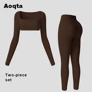 Aoqta Two-Piece Sporty Tracksuit Set - Solid Square Neck Long-Sleeve Crop Top & High Waist Leggings, Soft Elastic Fitness Outfits for Yoga, Workout, Indoor & Outdoor Activities