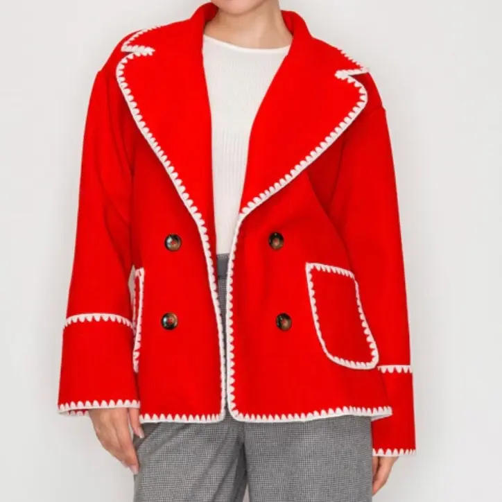 Eliza 2 Jacket /Double-Breasted Blanket Stitch Jacket Dark Red-cream Coats Outerwear Long Sleeve Casual