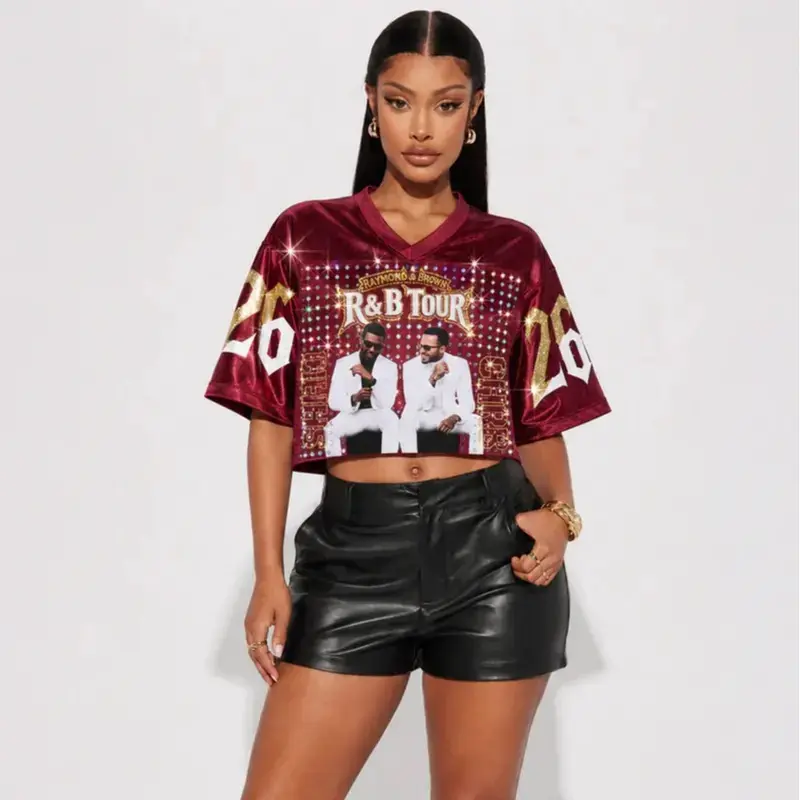 R&B Glitter Bling Crop Baseball Jersey, Rhinestone Style Concert Top, Oversized Hip Hop Festival Shirt, Music Lover Gift
