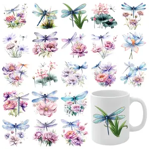 21 Pcs Dragonfly Flower UV DTF Stickers Transfer Sticker Decal Cups Decoration Mug Decoration Gift Glass DTF Transfer Stickers for 16 oz Tumbler clock
