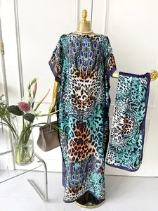 Women's Blue Leopard Print Long Sleeve Kimono & Scarf Set, Casual Open Front Outerwear & Shawl, Ladies Clothes for Beach Vacation, Beach Swimsuit Cover, Womenswear, Leopard Pattern