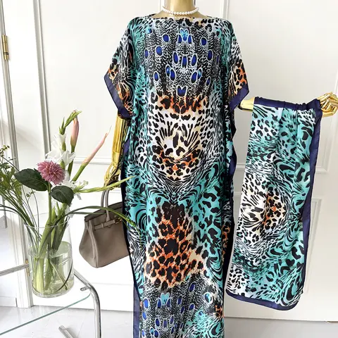 Women's 2-Piece Matching Set - Blue Leopard & Geometric Print Long Sleeve Open Front Kimono with Scarf, Buttery-Soft Premium Fabric Female Casual Cover Up, Plants Accent Beach Swimsuit Outerwear Shawl