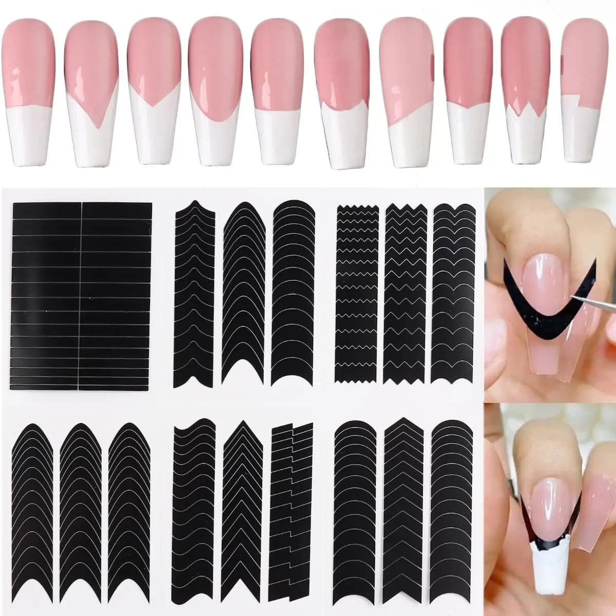 French Tip Nail Stickers 6 Sheets French Manicure Strips French Tips Guides Self-Adhesive Nail Sticker French Tip Nail Tool Wave Lines Nail Tape for Nail Art Airbrush Stencils Set