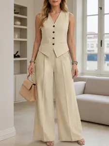 ZANZEA Women's Casual, V-Neck Sleeveless Asymmetrical Hem with Pockets, Vest and Long Pants Design Outfit, Ideal for Daily Wear, Travel, Commute