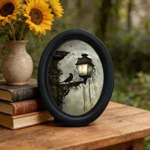 Dark Gothic Raven Streetlight Oval Frame Artistic Decorative Wall Art, Vintage Rustic Decor, Halloween Festive Home Decoration, Bedroom Living Room Poster Ornaments